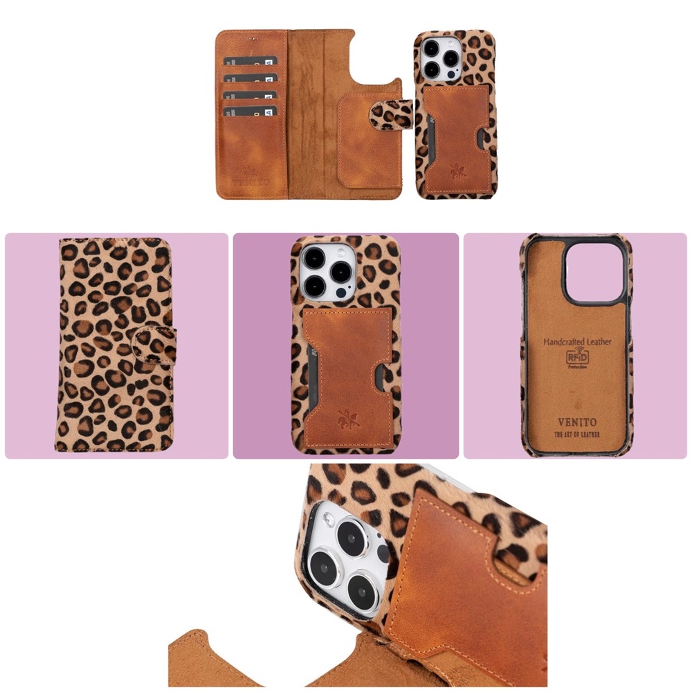 Venito Furry Leopard iPhone 15 Pro Wallet Case/Card Holder & RFID Blocking-NEW